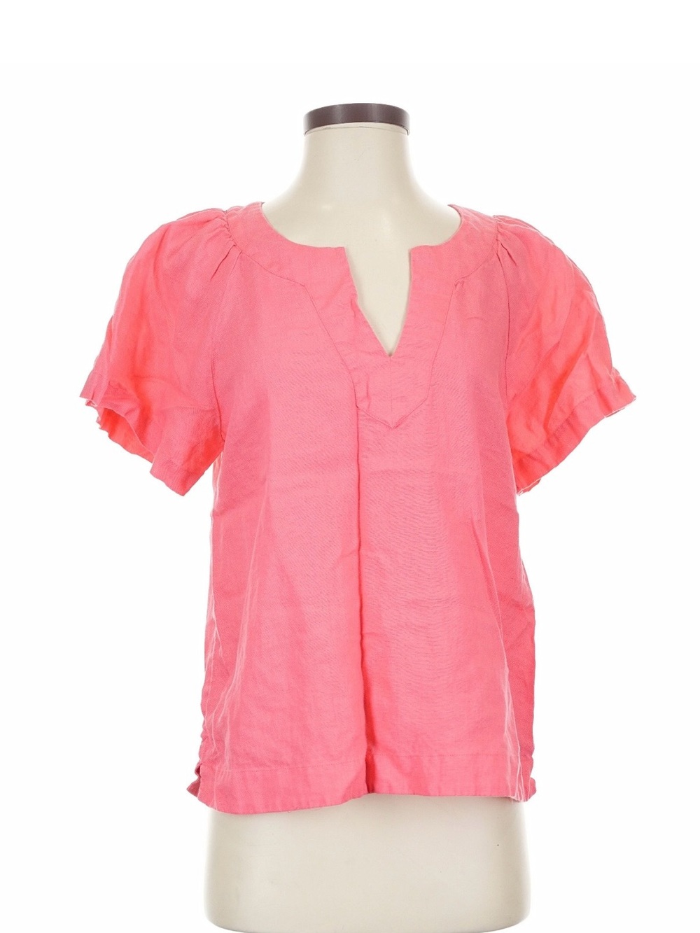 J. Crew Coral Pink Notch-Neck Puff Sleeve Blouse